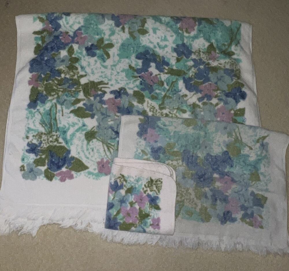 Vtg 70s Lady Pepperell Towel Set Fringed Blue Green Floral Roses Cotton 3 Pc